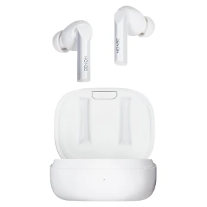 White wireless earbuds from Denon with their open charging case, showing two buds ready to use