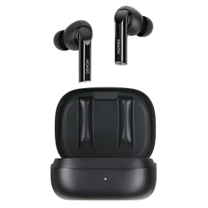 Black wireless earbuds with a glossy finish and an open charging case, Denon branding on the stems