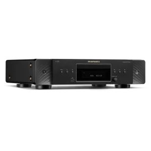 Marantz compact disc player in black with front display, power button, and control knobs on a sleek metal panel.