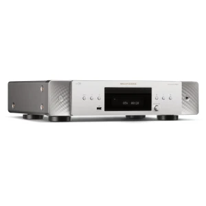Marantz CD player with silver brushed face, centered display panel, and control knobs on either side on a dark base.