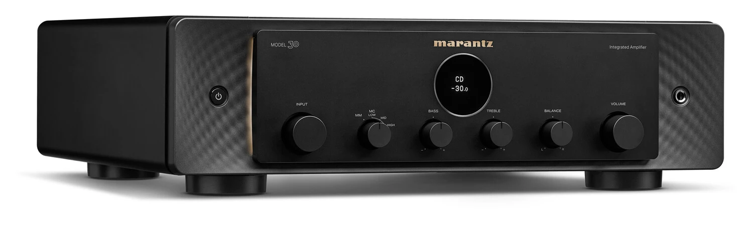 marantz-model-30-cierna - Enigma High Fidelity Audio Front view of a black Marantz integrated amplifier with multiple knobs and a circular display in the center area and a textured side panel on the left. shown on the display panel.