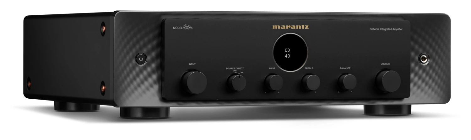 marantz-model-60n-cierna - Enigma High Fidelity Audio Front view of a black Marantz networked amplifier with multiple knobs and a circular display on the front panel, resting on feet.