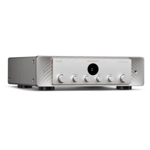 Marantz networked amplifier front panel in silver with multiple knobs (Input, Bass, Treble, Balance, Volume) and a circular display showing CD 40.
