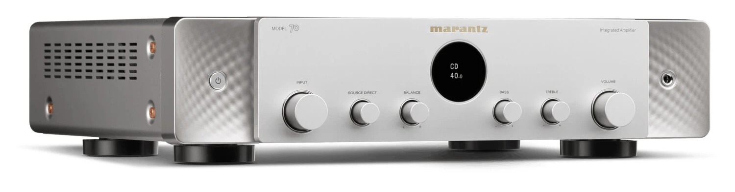 marantz-model-70-strieborna - Enigma High Fidelity Audio Front view of a Marantz Model 70 integrated stereo amplifier with silver brushed faceplate and multiple knobs.
