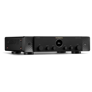 Front view of a Marantz stereo receiver: black metal face, central circular display, and multiple control knobs (volume, bass, treble).