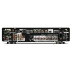 Rear view of a Marantz AV receiver showing HDMI, USB, and numerous input/output jacks along the back panel.