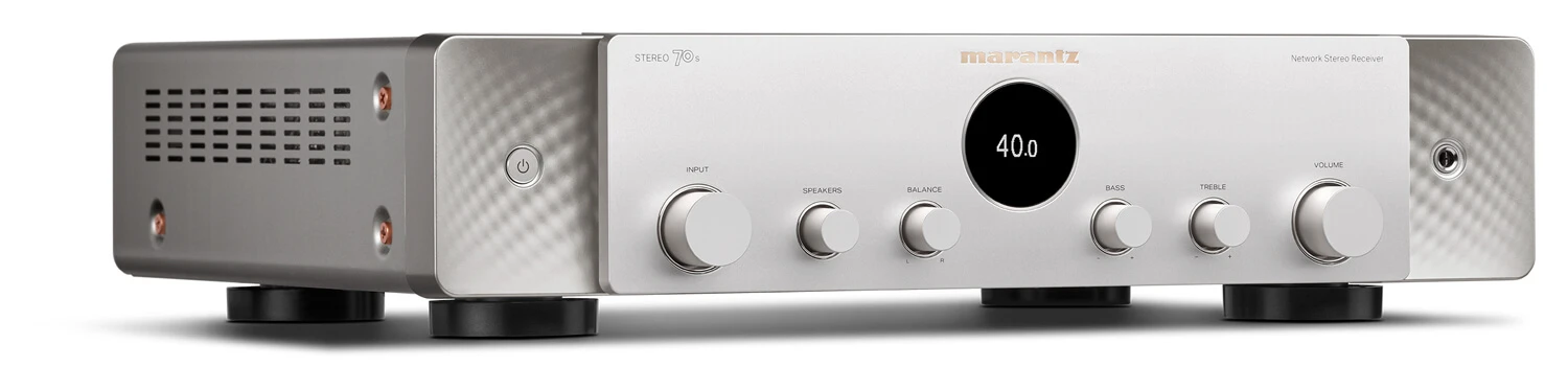 marantz-stereo-70s-strieborna - Enigma High Fidelity Audio Front view of a silver Marantz network stereo receiver with multiple knobs and a circular center display showing 40.0