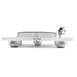 White Marantz turntable with a raised platter, shown front-on with the tonearm assembly at the right and three pedestal supports visible beneath.