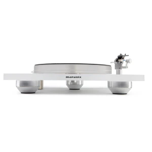 White Marantz turntable with a raised platter, shown front-on with the tonearm assembly at the right and three pedestal supports visible beneath.