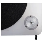 Close-up of a white turntable base with a black felt platter edge and a circular metal mounting near the edge, showing screws and a central spindle.